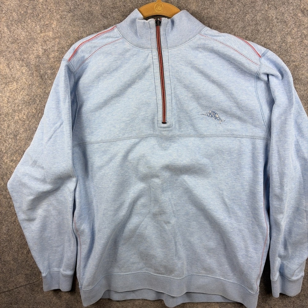 Tommy Bahama Men's Sweater XL Half Zip Pullover Light Blue Long Sleeve Nautical